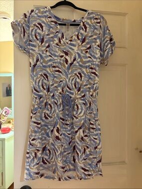 Casual V-Neck Drawstring Waist Dress - Light Blue Abstract Print